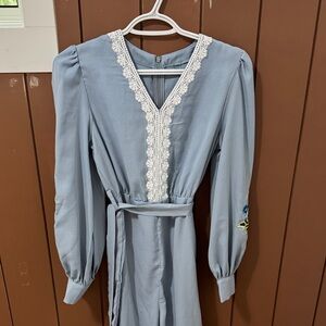 Elegant Blue Floral Embroidered Lace-Trimmed Jumpsuit